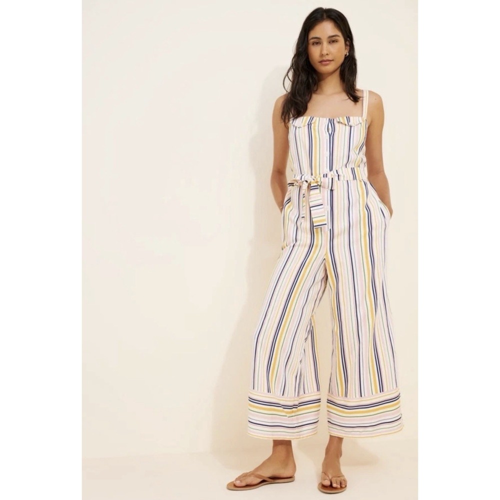 ANTHROPOLOGIE Maeve New Striped Shirting Jumpsuit SMALL Sleeveless Belt Wide Leg